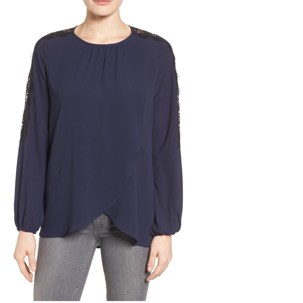 Bobeau Lace Sleeve Crossover Front Blouse